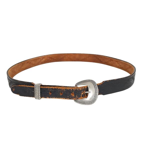 Vintage 90s Tooled Leather Belt Black Distressed Mens 40 Western Wear Boho Aztec - Picture 2 of 8